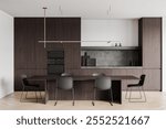 Contemporary kitchen with dark wood cabinets, a textured backsplash, and pendant lighting, featuring a minimalist dining area with four chairs. 3D Rendering.