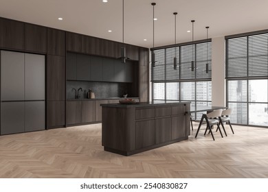 Contemporary kitchen design with dark cabinetry, central island, and dining area. Large windows with blinds, neutral color palette, home interior. 3D Rendering. - Powered by Shutterstock