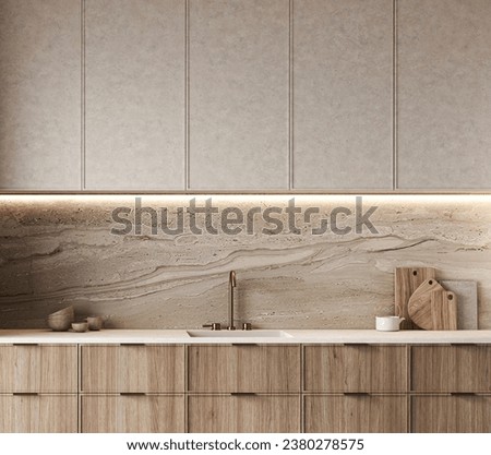 Contemporary kitchen design emphasizing neutral tones, natural wood, and sublime marble textures. 3d rendering. High quality 3d illustration. 3D Illustration