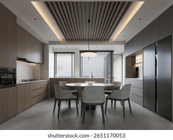 A contemporary kitchen and dining space featuring integrated appliances, dark and wood-toned cabinetry, a round dining table, and a distinctive slatted ceiling with ambient lighting
