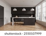 Contemporary kitchen featuring dark cabinets, an island with stools, and pendant lights. Wooden herringbone floor. Bright room with large windows. 3D Rendering