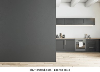 Contemporary Kitchen Interior With Blank Gray Wall. Food And Drink Concept. 3D Rendering