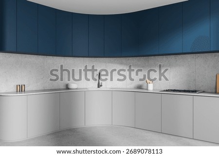 Contemporary kitchen interior with blue upper cabinets, gray lower cabinets, marble wall, curved layout, minimalist design. 3D Rendering