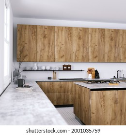 Contemporary Kitchen With Medium Toned Wooden Cabinets, White Planks Floor And Quartz Counter-tops. Bright Earthy Toned Colors Creates A Modern Country Feeling. Open Style Kitchen Design 3D Rendering