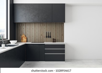 Contemporary kitchen room interior with copy space on wall and daylight. Mock up, 3D Rendering 