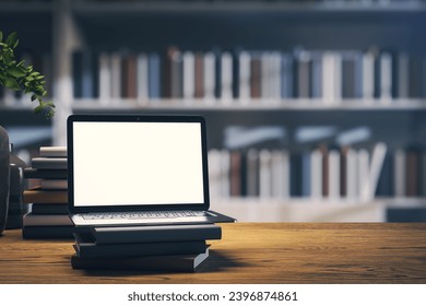 Contemporary laptop setup for online learning, with books and plant, library blur. 3D Rendering