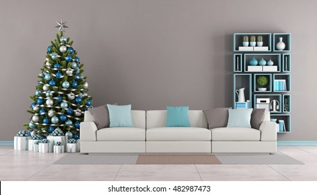 Contemporary Living Room With Christmas Tree,sofa And Bookcase On Wall - 3d Rendering