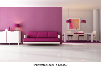 Contemporary Living Room With Dining Space - Rendering - The Art Work On Wall Is A My Composition