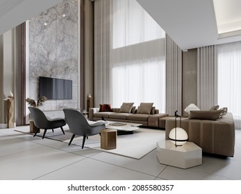 Zeitgenössisches Wohnzimmer in hellen Farben mit hohen Decken und trendigen modernen Möbeln. 3D-Darstellung.