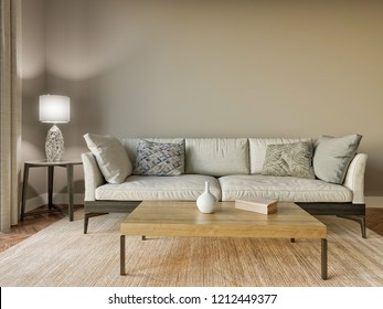 Contemporary Living Room, Neutral Interior Mockup With Sofa. 3D Rendering.