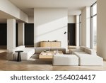 Contemporary living room with white modular sofa, wooden coffee table, floor lamp, and cabinet on light parquet flooring. Bright minimalist concept. 3D Rendering.