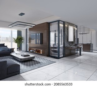 Zeitgenössisches Wohnzimmer und TV-Wand aus Holz mit einer Kupfer-Nische mit Dekoration und einem großen, grauen Ecksofa in der Nähe eines großen Panoramafenster. 3D-Darstellung.