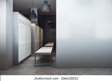 Contemporary Locker Room Interior With Copy Space On Wall. Sports Advertisement Concept. Mock Up, 3D Rendering 