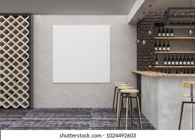 Contemporary Loft Bar Or Pub Interior With Clean Banner On Wall. Alcohol And Leisure Concept. Mock Up, 3D Rendering 