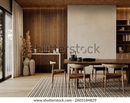 Contemporary loft interior with dining table, blank wall, chairs, wood panels and ceiling, carpet and decor. 3d render illustration mockup.