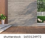 Contemporary loft style balcony 3D render,There are wooden floors, empty concrete walls decorating living area with rattan furniture with white fences.