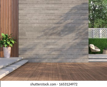 Современный балкон в стиле лофт 3D рендер, деревянные полы, пустые бетонные стены украшают гостиную мебелью из ротанга с белыми заборами.