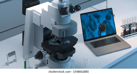 Contemporary Microscope realizing laboratory Viruses test and showing results on laptop. 3d rendering - Powered by Shutterstock