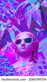 Contemporary Minimal Collage Kit Wallpaper. Antique Statue Male In Purple Chaos Space. Back In 80, 90s Party Style. Retro Zine And Vapor Wave Cuture Vibes. 3d Render Design