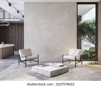 Contemporary Minimalist Interior With Armchairs, Coffee Table, Wood Panel, Blank Wall. 3d Render Illustration Mock Up.