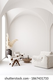 Contemporary minimalist white interior, Scandi-Boho style, 3d render