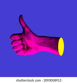 Contemporary minimalistic art collage in neon bold colors with hands showing thumbs up. Like sign surrealism creative wallpaper. Psychedelic design pattern. Template with space for text. 