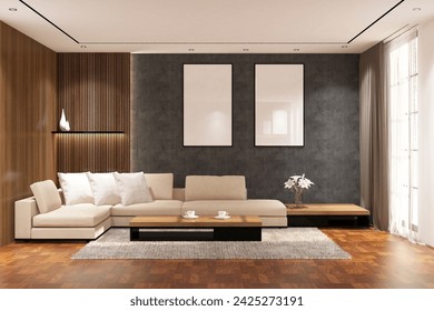Contemporary modern interior with frame mock up on the wall. Design 3d rendering of gray and brown wood . Design print for illustration, presentation, mock up, interior, cover, background. Set 16