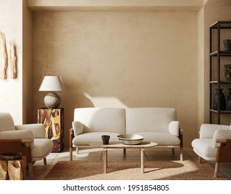 Contemporary Nomadic Home Interior Background In Warm Beige Tones, 3d Render