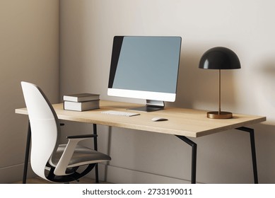 Contemporary office desk setup with computer, books, and lamp on wooden table in bright home workspace interior. 3D Rendering