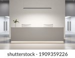 Contemporary office hall with reception desk and two computers. Lifestyle and workplace concept. 3D Rendering
