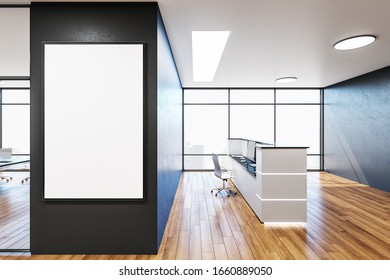 Contemporary Office Hall With Reception Desk And Blank Poster On Wall. Workplace And Lifestyle Concept. 3D Rendering