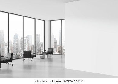 Contemporary office interior with blank wall for poster mockup, minimal furniture, cityscape background, concept of branding or layout presentation. 3D Rendering