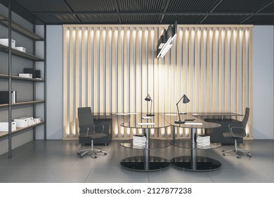 Contemporary Office Interior With Desk, Chair, And Bookcase. Design And Workplace Concept. 3D Rendering