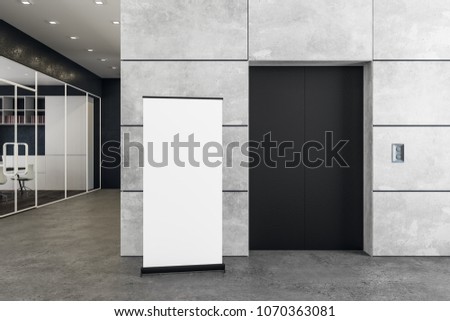 Contemporary office interior with elevator and empty poster. Success concept. Mock up, 3D Rendering 