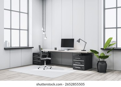 Contemporary office interior with modern desk, computer, and chair, minimalist chic style, bright room with large windows, 3D Rendering