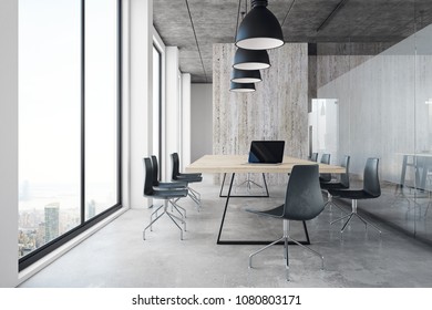 Contemporary office interior with panoramic city view, furniture and equipment. 3D Rendering 