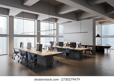 Contemporary office interior with rows of computer desks, minimalist design style, large glass windows, cityscape background, concept of workspace, 3D Rendering