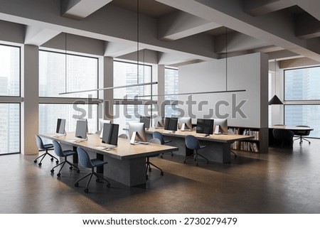 Contemporary office interior with rows of computer desks, minimalist design style, large glass windows, cityscape background, concept of workspace, 3D Rendering