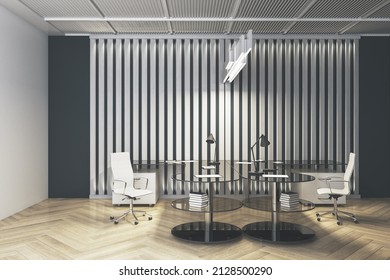 Contemporary Office Interior With Wooden Flooring, Desk, Chair, And Bookcase. Design And Workplace Concept. 3D Rendering