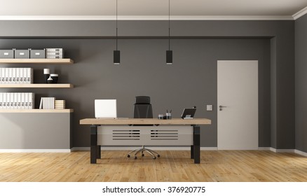 Contemporary Office  With Minimalist Desk,closed Door And Shelves With Binder - 3d Rendering