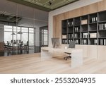 Contemporary office with wooden desk, shelves full of files, and a glass wall separating a meeting room. Minimalist and professional workspace concept. 3D Rendering.