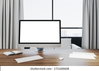 Contemporary office workplace in interior with empty white computer monitor on desktop, daylight and city view. 3D Rendering