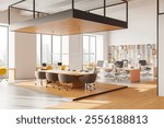 Contemporary open-space office interior featuring desks, chairs, bookshelves, and large windows. Modern business concept, bright atmosphere. 3D Rendering.