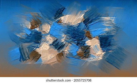 Contemporary painting on canvas. Palette knife artwork, artistic texture. Abstract fine arts background, hand painted cover, backdrop, brown and dark blue colored pattern