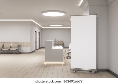 Contemporary Reception Desk And Blank Poster In Medical Office Interior. Medical And Healthcare Concept. 3D Rendering