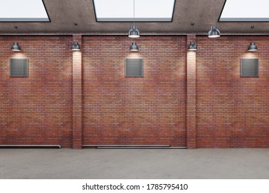 Contemporary Red Brick Warehouse Interior. Industrial And Exhibition Concept. 3D Rendering