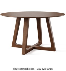 Contemporary round walnut dining table with geometric wooden base and smooth finish, warm natural tones creating timeless modern charm. Isolated on white background. 3d render