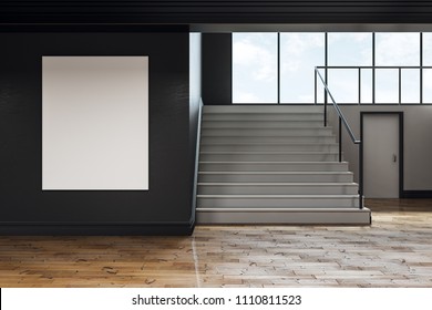 Contemporary School Corridor Interior With Blank Poster On Wall. Advertisement Concept. Mock Up, 3D Rendering 