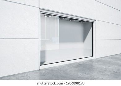 Contemporary shop with empty glass showcase. Advertisement and retail concept. Mock up, 3D Rendering