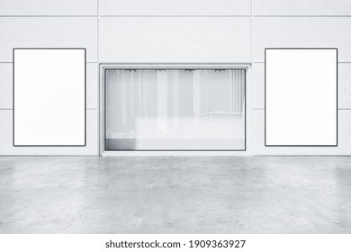 Contemporary shop with empty glass showcase and two vertical billboards. Advertisement and retail concept. Mock up, 3D Rendering